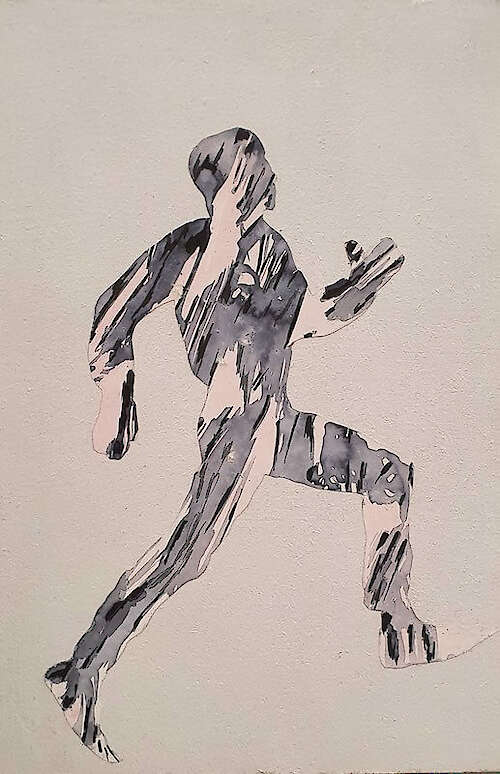 Andrea Wallgren, »Corriendo«, 20x30cm, Collage, Beize, Tinte auf Holz