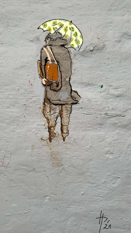 Hanne Pluns, »Dame mit Schirm«, 2021, Handykunst auf Leinwand, 30x20cm